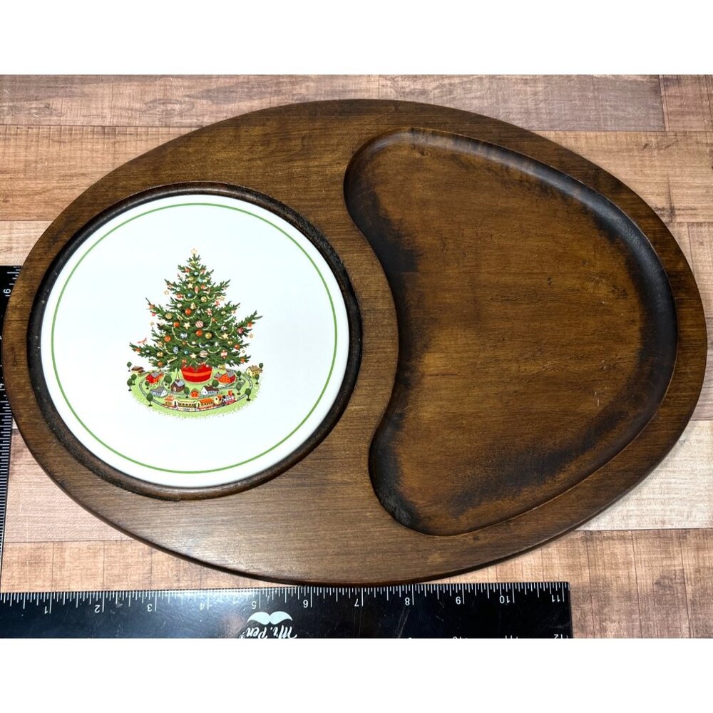 Vintage Wooden Serving Tray Festive Christmas Tree Ceramic Insert Snack Section